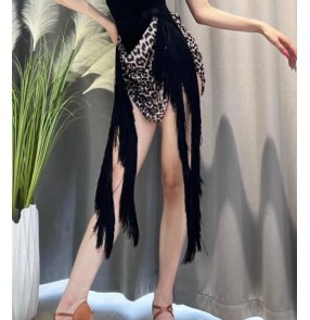 Leopard black fringe Latin dance skirt adult female girls irregular hem front short back long practice ballroom salsa rumba chacha dance skirt